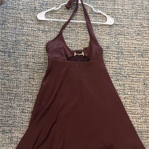 Halter Midi Dress with Gold Accent - Deep Wine